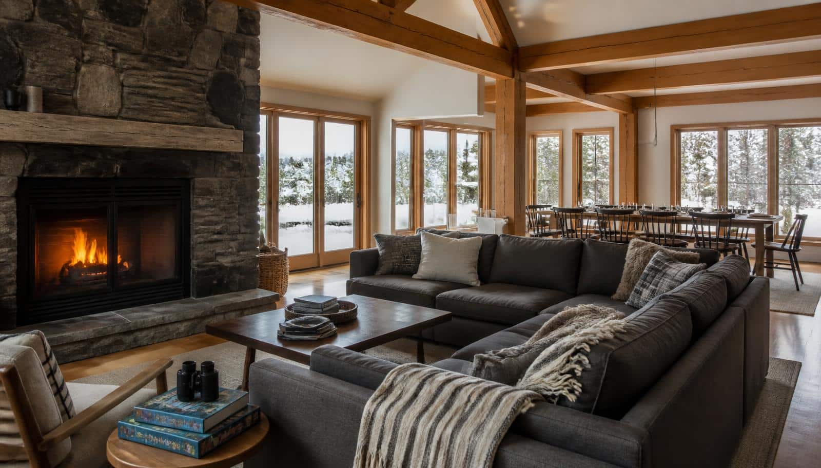 Documentary photograph for Blue Sky Vacation Rentals: the great room of a mountain vacation home as it really is — fire lit, seating for a whole family, the long dining table beyond, board games and b