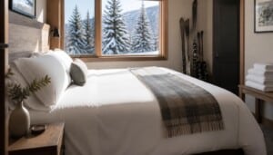 Documentary photograph for Blue Sky Vacation Rentals: the everyday care taken between guests — a freshly made bed with crisp linens, folded towels, skis stood tidily by the door, morning light over sn