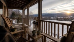 Documentary photograph for Blue Sky Vacation Rentals: an unhurried winter afternoon on the porch of a mountain home — chairs, snowshoes against the rail, two mugs on the table, the Green Mountains in