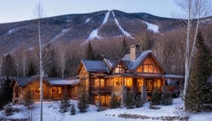 Documentary photograph for Blue Sky Vacation Rentals: a wood-and-stone vacation home on a wooded slope below the Green Mountains at dusk, snow on the ground, lamplight in the windows.