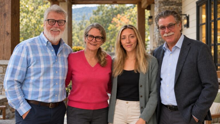 Four team members standing together on a covered porch with autumn trees behind them.